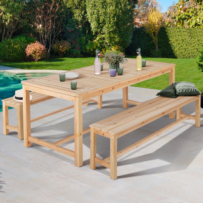 Table de jardin en bois 150cm + 2 bancs Guyane